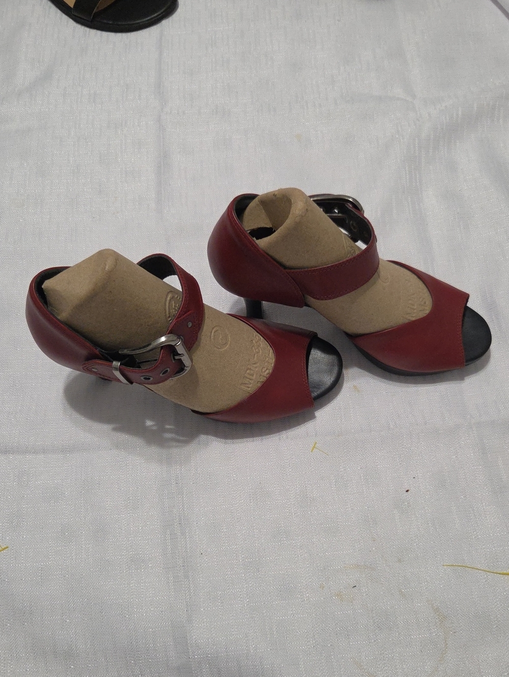 Red Leather Peep-Toe Ankle Strap Heels with Buckle